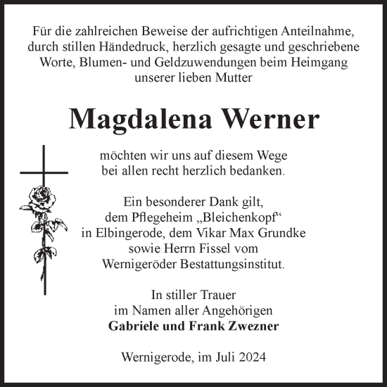 Traueranzeige von Magdalena Werner von Volksstimme Wernigerode