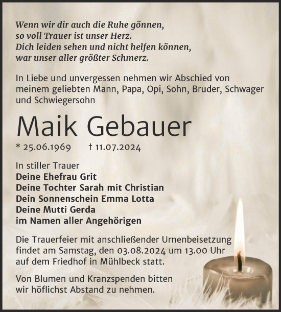 Traueranzeige von Maik Gebauer von Trauerkombi Bitterfeld