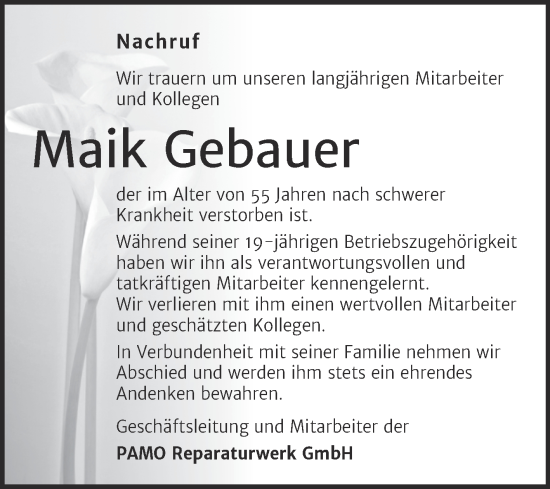 Traueranzeige von Maik Gebauer von SuperSonntag Bitterfeld