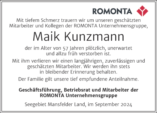 Traueranzeige von Maik Kunzmann von Mitteldeutsche Zeitung Mansfelder Land