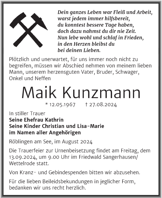 Traueranzeige von Maik Kunzmann von Mitteldeutsche Zeitung Mansfelder Land