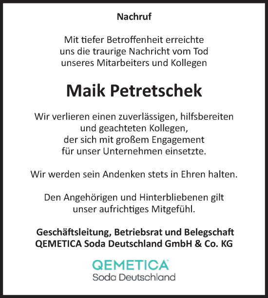 Traueranzeige von Maik Petretschek von Volksstimme Staßfurt