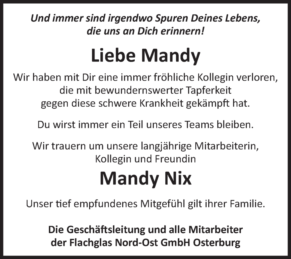  Traueranzeige für Mandy Nix vom 30.08.2024 aus Volksstimme Altmark Ost