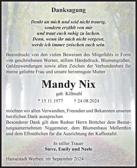Traueranzeige von Mandy Nix von Volksstimme Altmark Ost