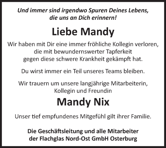 Traueranzeige von Mandy Nix von Volksstimme Altmark Ost