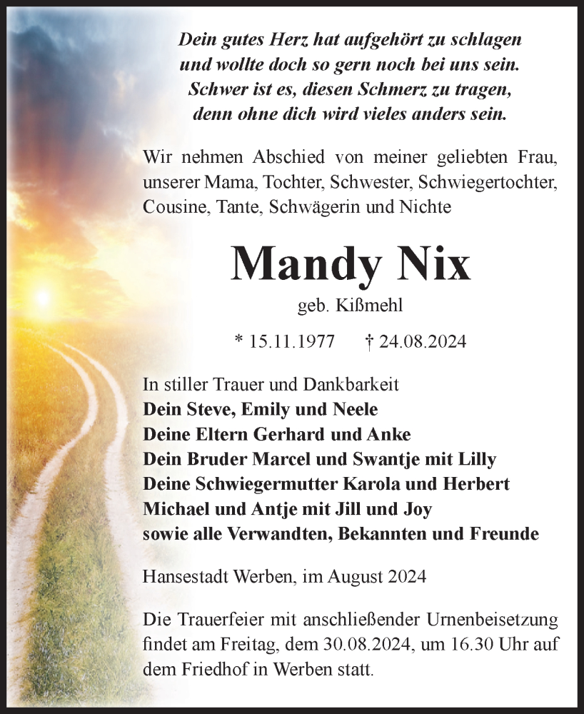  Traueranzeige für Mandy Nix vom 28.08.2024 aus Volksstimme Altmark Ost