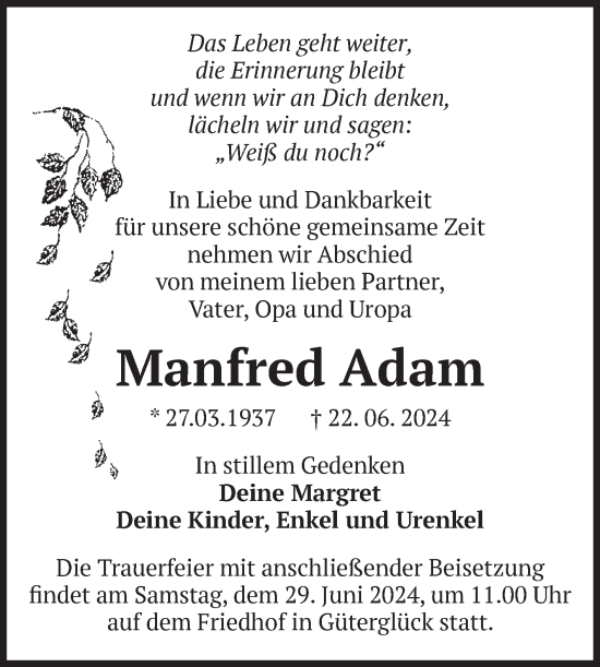 Traueranzeige von Manfred Adam von Volksstimme Zerbst