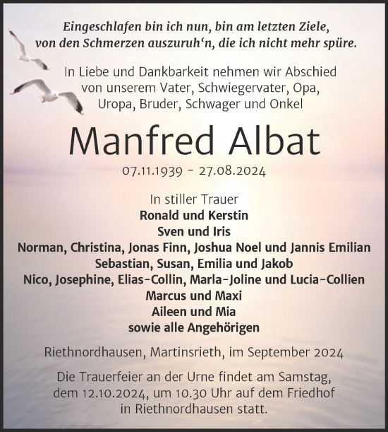 Traueranzeige von Manfred Albat von Trauerkombi Sangerhausen