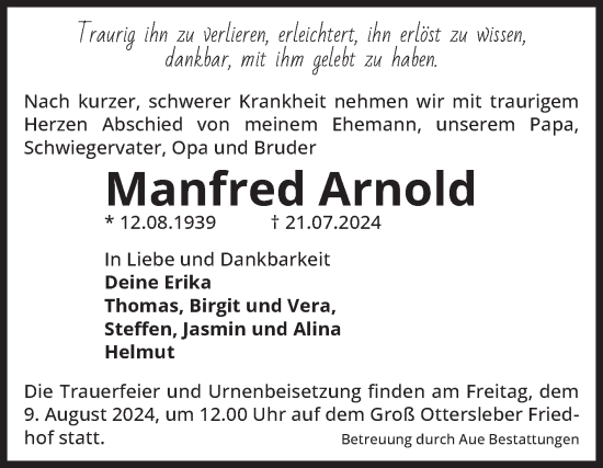 Traueranzeige von Manfred Arnold von Volksstimme Magdeburg