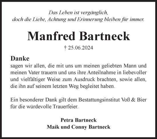 Traueranzeige von Manfred Bartneck von Volksstimme Wernigerode