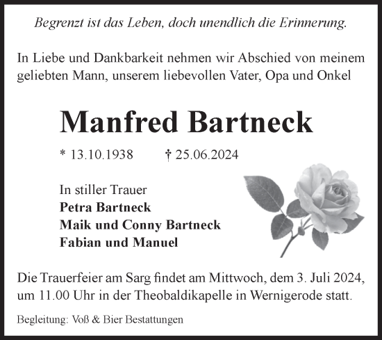 Traueranzeige von Manfred Bartneck von Volksstimme Wernigerode