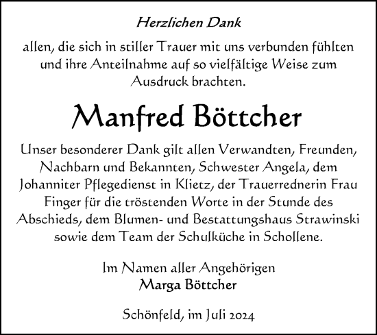 Traueranzeige von Manfred Böttcher von Volksstimme Altmark Ost