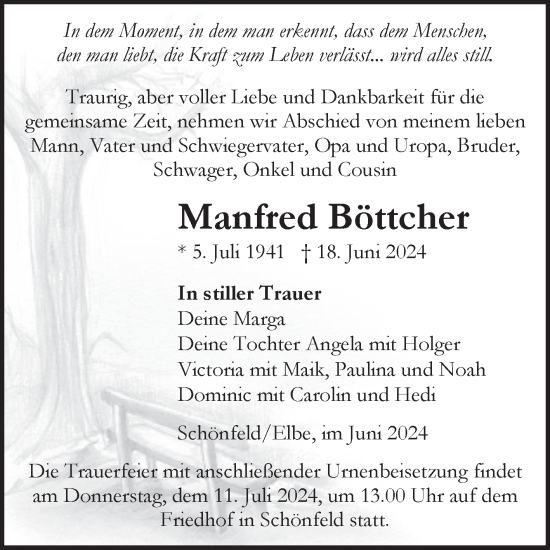 Traueranzeige von Manfred Böttcher von Volksstimme Altmark Ost