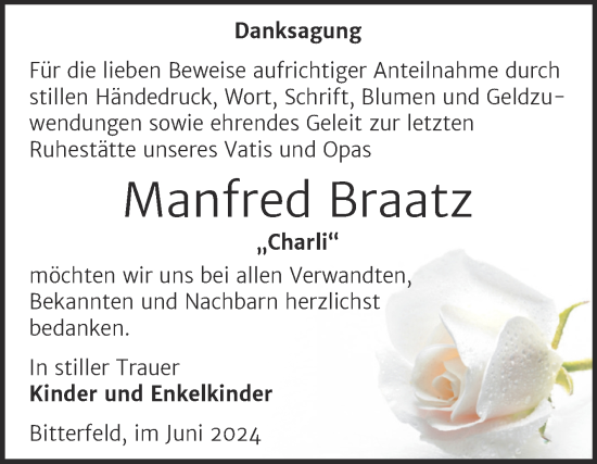 Traueranzeige von Manfred Braatz von Trauerkombi Bitterfeld