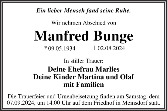 Traueranzeige von Manfred Bunge von Trauerkombi Dessau