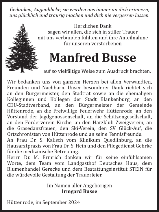 Traueranzeige von Manfred Busse von Volksstimme Wernigerode