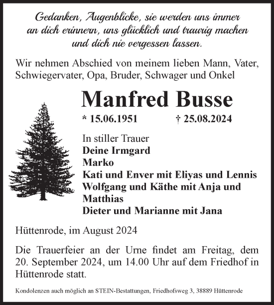 Traueranzeige von Manfred Busse von Volksstimme Wernigerode