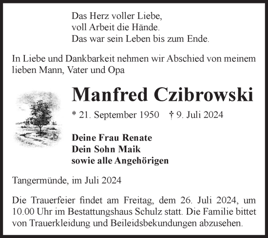 Traueranzeige von Manfred Czibrowski von Volksstimme Altmark Ost