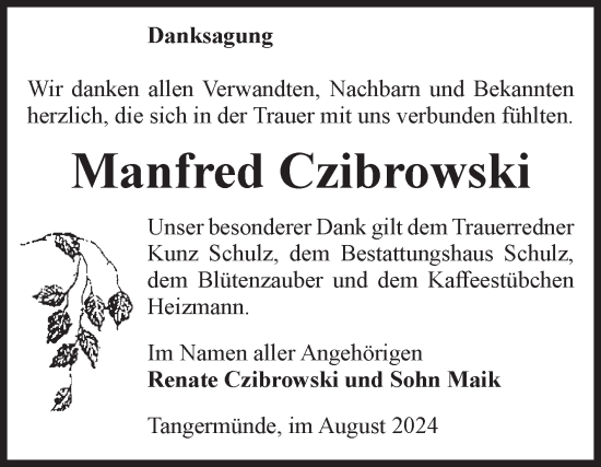 Traueranzeige von Manfred Czibrowski von Volksstimme Altmark Ost