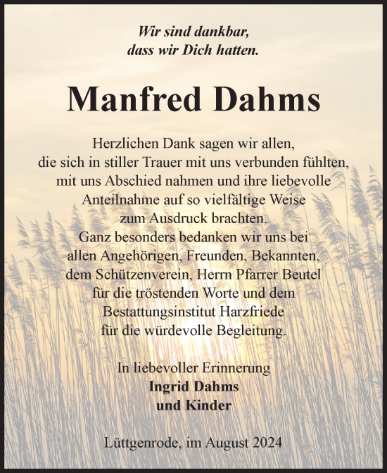 Traueranzeige von Manfred Dahms von Volksstimme Halberstadt