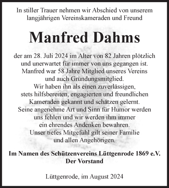 Traueranzeige von Manfred Dahms von Volksstimme Halberstadt