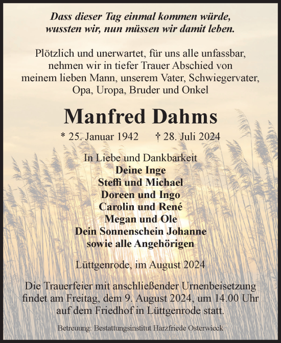 Traueranzeige von Manfred Dahms von Volksstimme Halberstadt