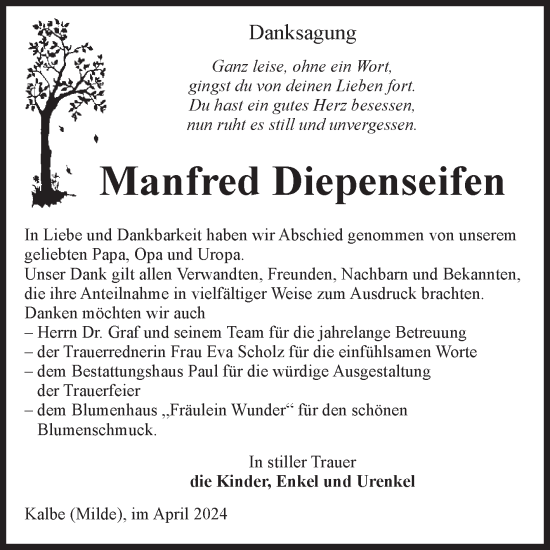 Traueranzeige von Manfred Diepenseifen von Volksstimme Altmark West