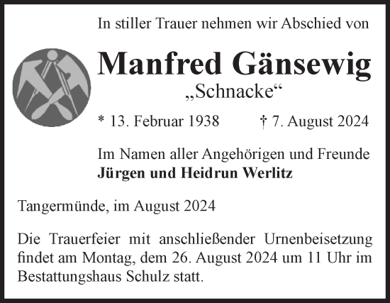 Traueranzeige von Manfred Gänsewig von Volksstimme Altmark Ost