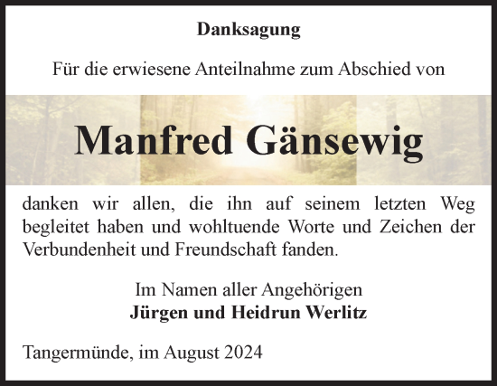 Traueranzeige von Manfred Gänsewig von Volksstimme Altmark Ost