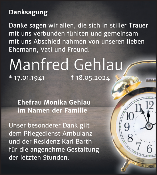 Traueranzeige von Manfred Gehlau von Trauerkombi Merseburg