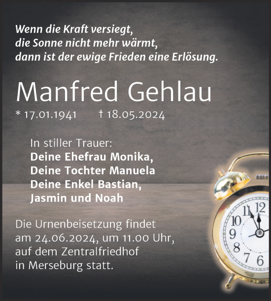 Traueranzeige von Manfred Gehlau von Trauerkombi Merseburg