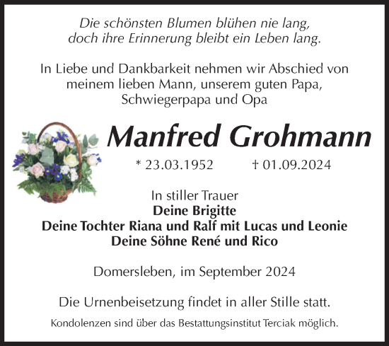 Traueranzeige von Manfred Grohmann von Volksstimme Oschersleben/Wanzleben