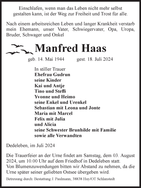 Traueranzeige von Manfred Haas von Volksstimme Halberstadt