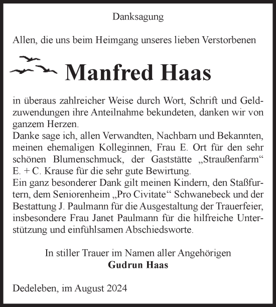 Traueranzeige von Manfred Haas von Volksstimme Halberstadt