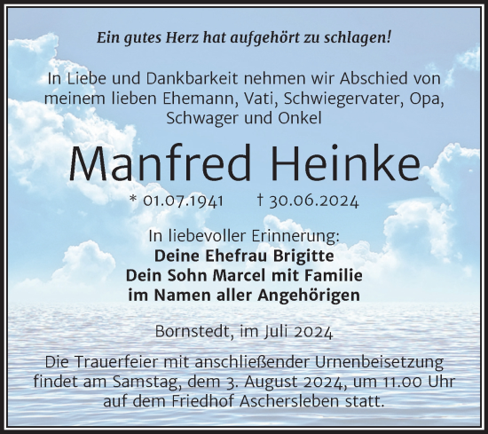 Traueranzeige von Manfred Heinke von Trauerkombi Aschersleben