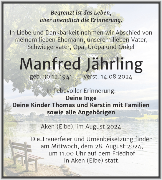 Traueranzeige von Manfred Jährling von Trauerkombi Köthen