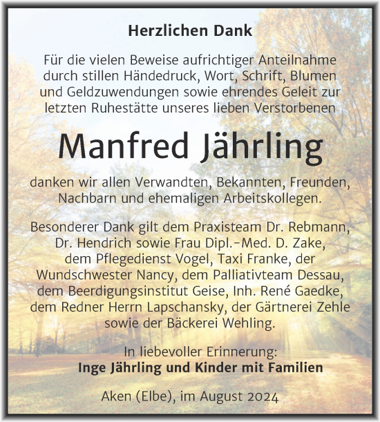 Traueranzeige von Manfred Jährling von Trauerkombi Köthen