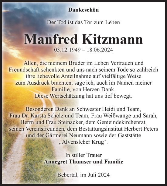 Traueranzeige von Manfred Kitzmann von Volksstimme Haldensleben/Wolmirstedt