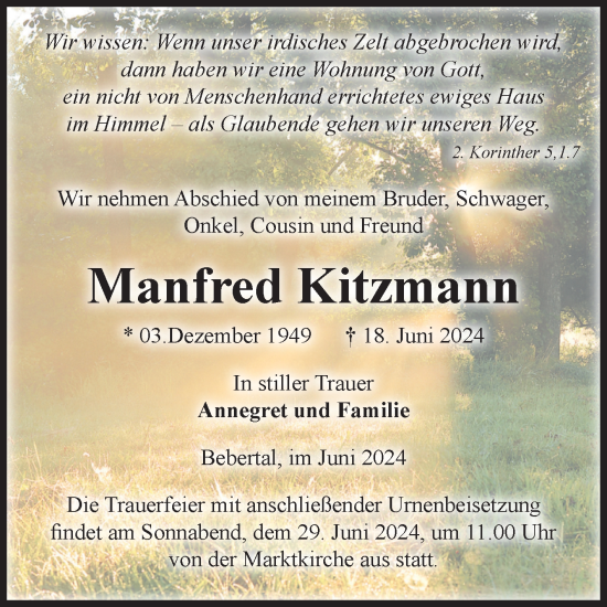 Traueranzeige von Manfred Kitzmann von Volksstimme Haldensleben/Wolmirstedt