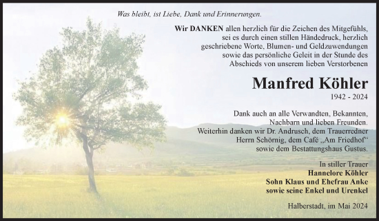 Traueranzeige von Manfred Köhler von Volksstimme Halberstadt