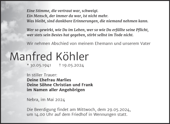 Traueranzeige von Manfred Köhler von Mitteldeutsche Zeitung Merseburg/Querfurt