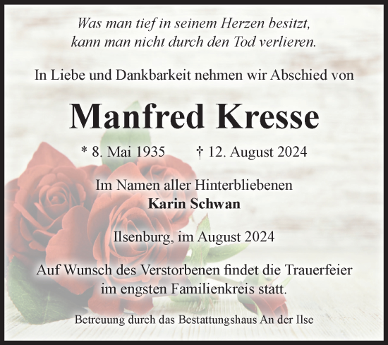 Traueranzeige von Manfred Kresse von Volksstimme Wernigerode