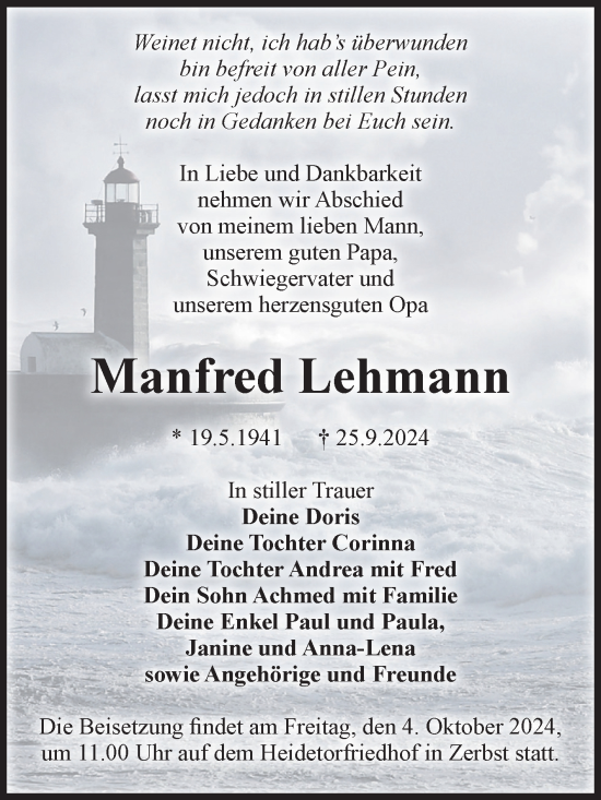 Traueranzeige von Manfred Lehmann von Volksstimme Zerbst