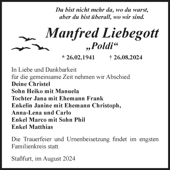 Traueranzeige von Manfred Liebegott von Volksstimme Staßfurt