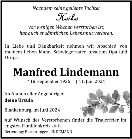Traueranzeige von Manfred Lindemann von Volksstimme Wernigerode