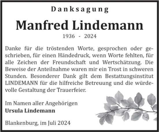 Traueranzeige von Manfred Lindemann von Volksstimme Wernigerode