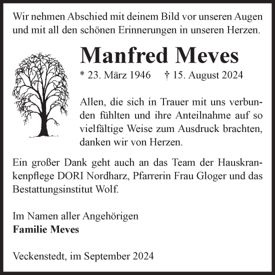 Traueranzeige von Manfred Meves von Volksstimme Wernigerode