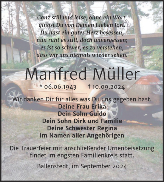 Traueranzeige von Manfred Müller von Trauerkombi Quedlinburg