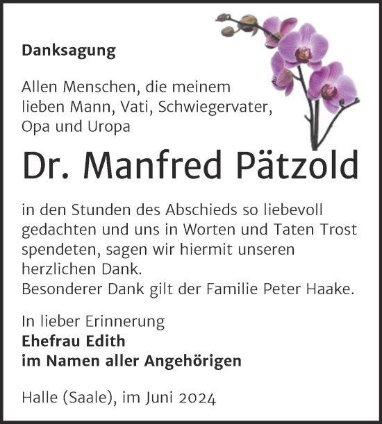Traueranzeige von Manfred Pätzold von Mitteldeutsche Zeitung Halle/Saalkreis