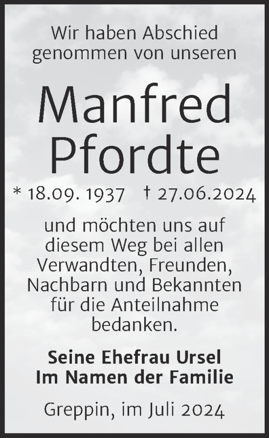 Traueranzeige von Manfred Pfordte von Trauerkombi Bitterfeld